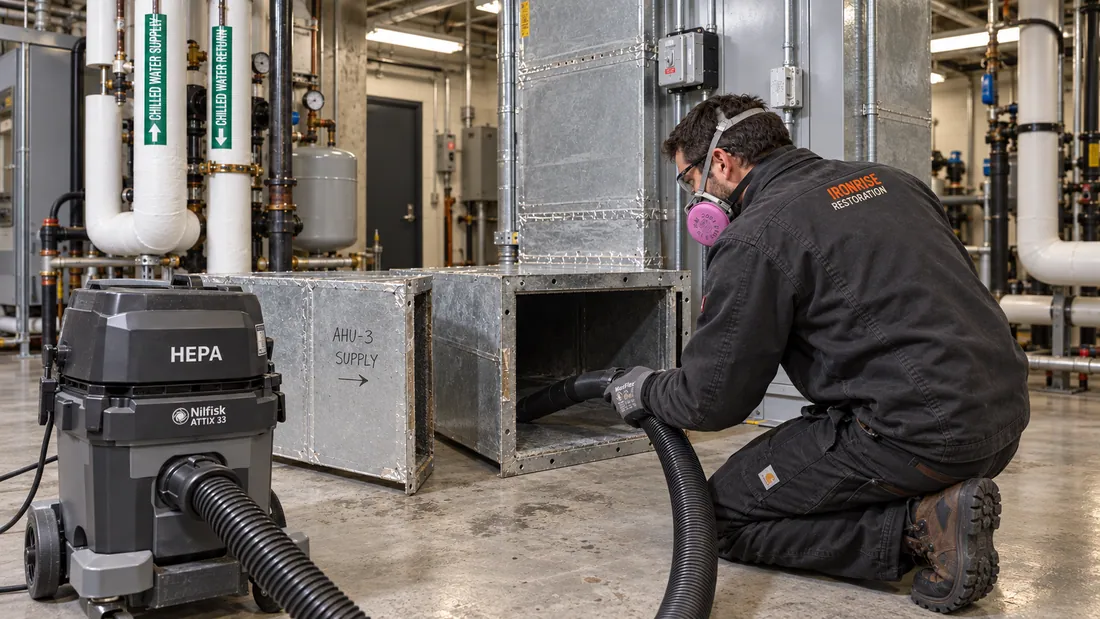 Ironrise technician inspecting accessible metal ductwork and an air handler during a Boston property restoration