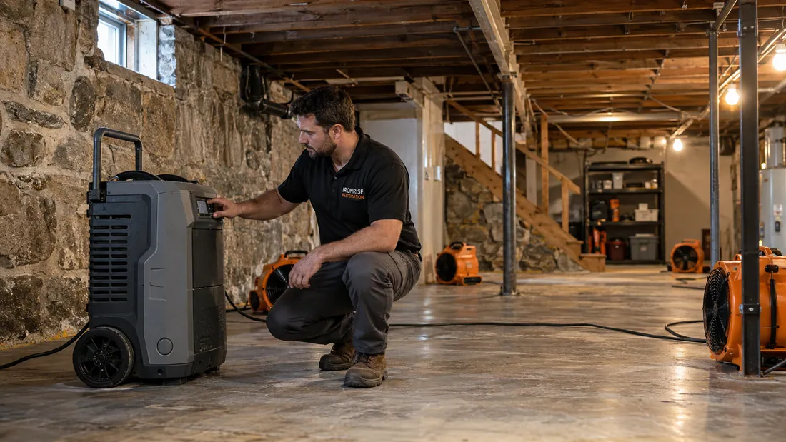 Ironrise technician planning water removal in a Boston basement