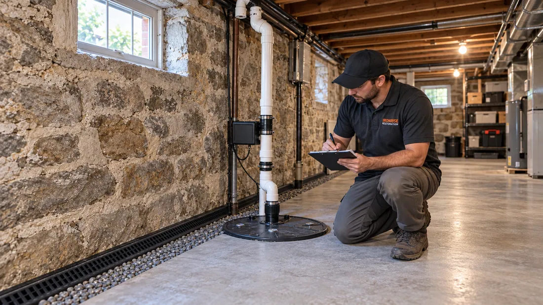Ironrise technician assessing basement foundation moisture and drainage conditions at a Boston property
