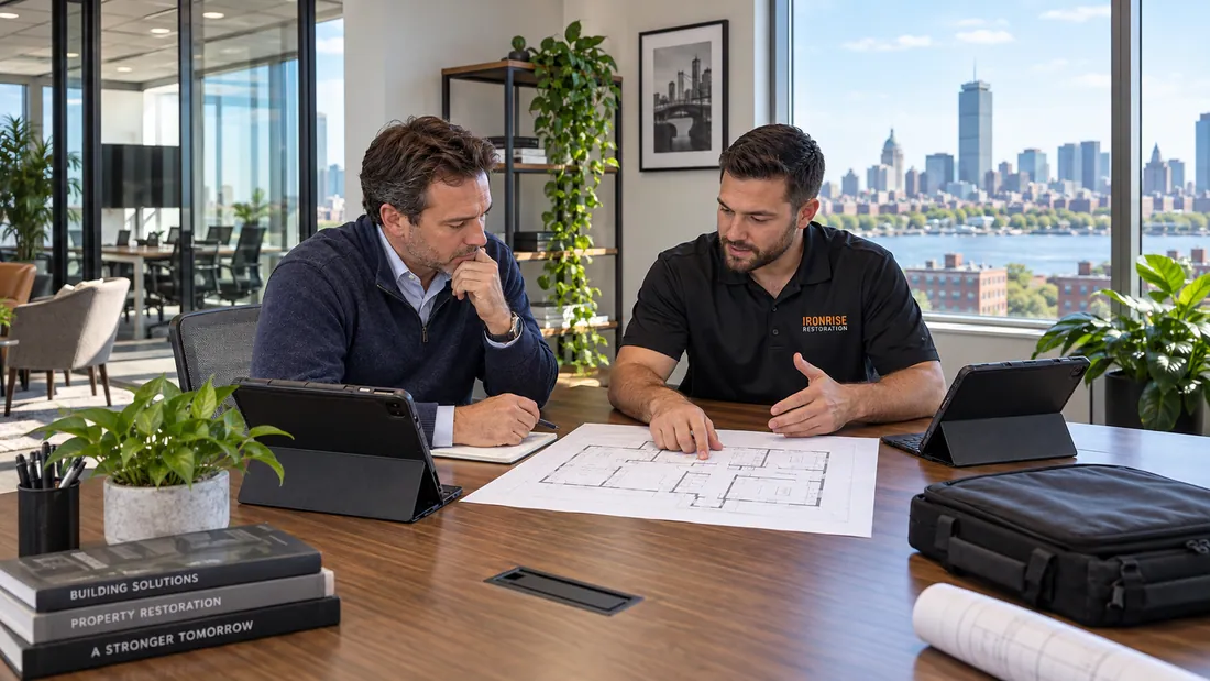 Ironrise representative and property manager reviewing building plans for commercial restoration preparedness