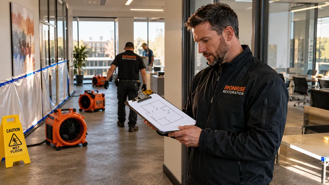 Ironrise project lead reviewing a commercial restoration scope inside a Boston office property.