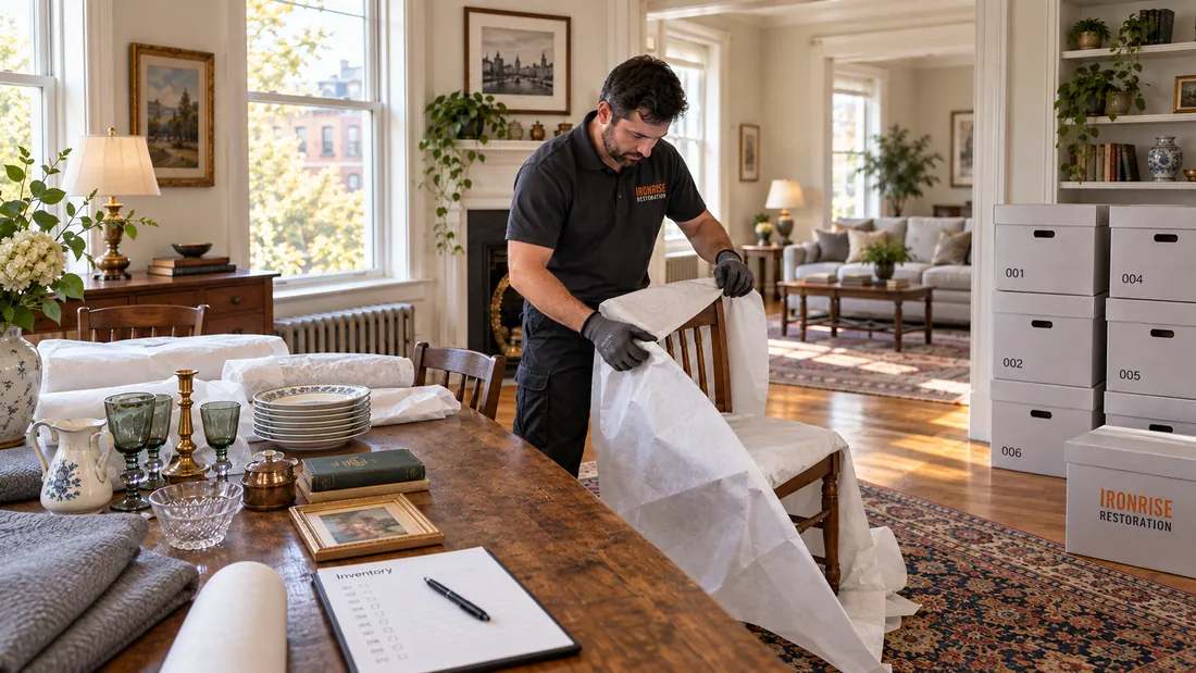 Ironrise technician recording and packing household belongings for contents restoration in Boston