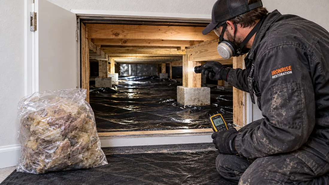 Ironrise technician reviewing a crawl space access opening and moisture-affected insulation beneath a Boston-area home
