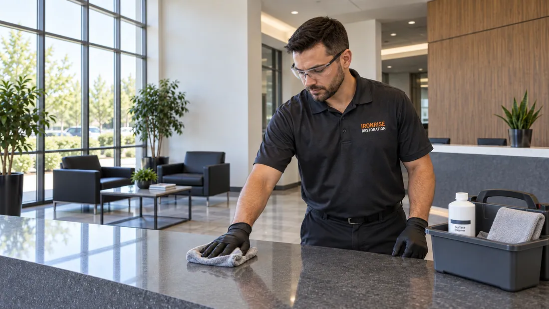 Ironrise technician cleaning an accessible hard surface in a prepared Boston commercial work area