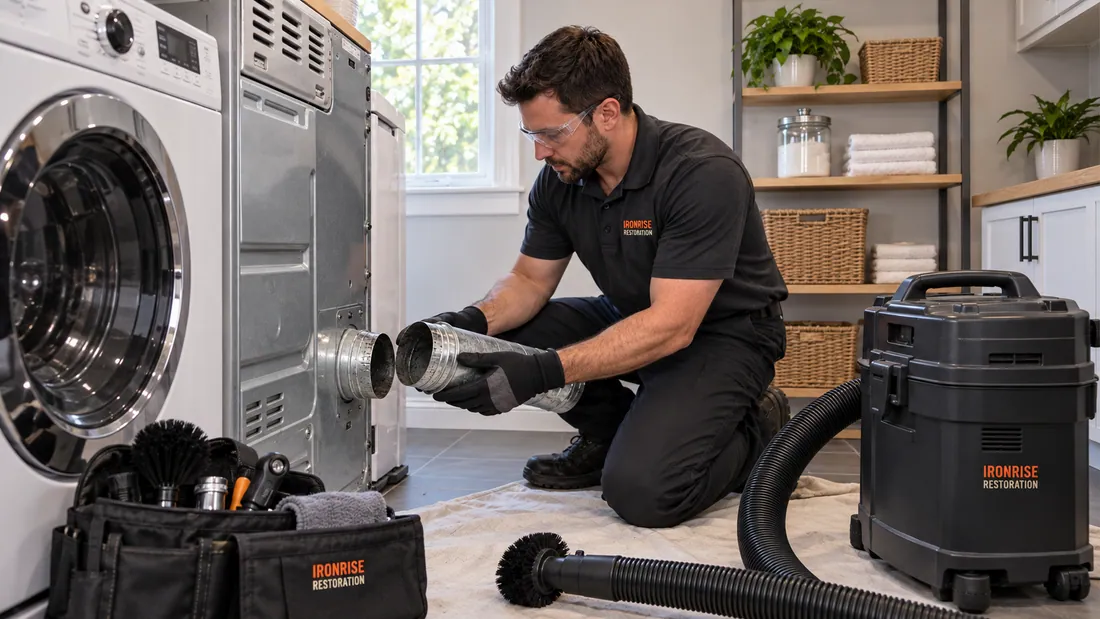 Ironrise technician inspecting a metal dryer exhaust connector in a Boston laundry room
