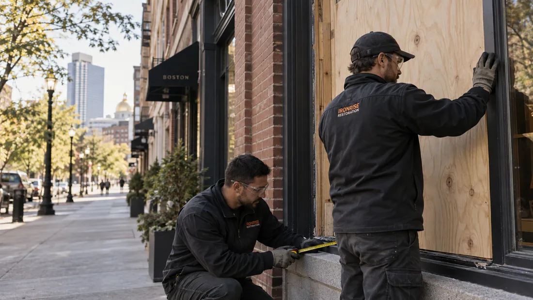 Ironrise workers installing temporary protection over a damaged ground-floor Boston storefront opening