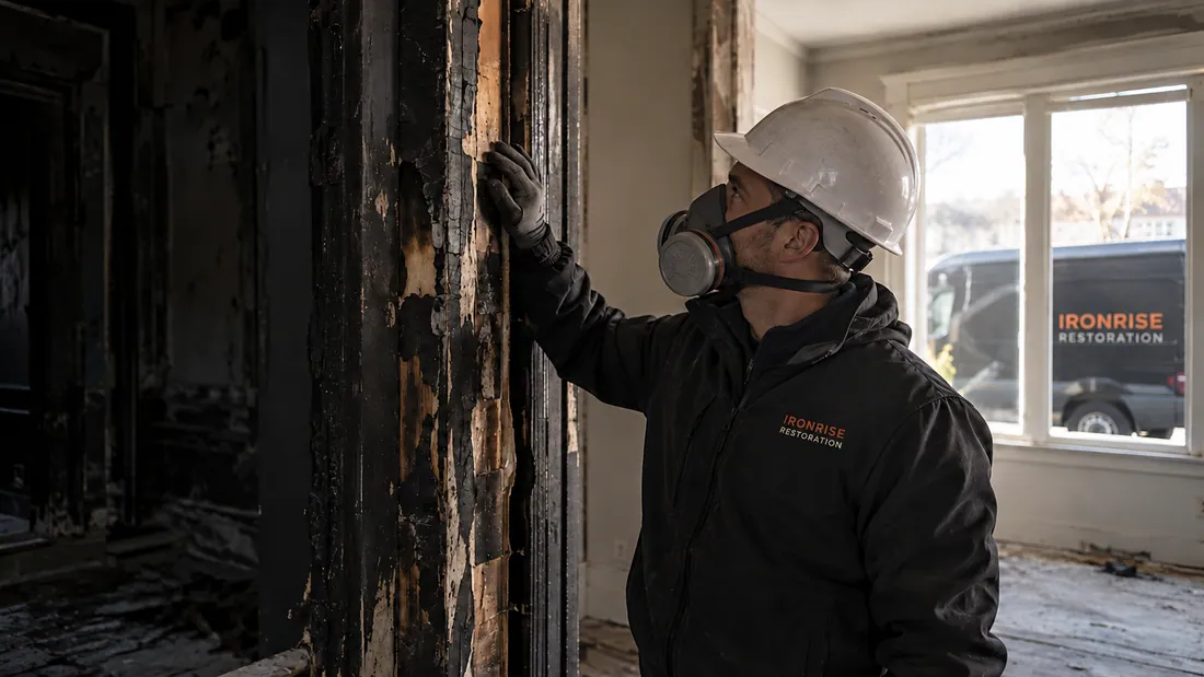 Ironrise project lead reviewing fire damage and the next cleanup steps at a secured Boston property.