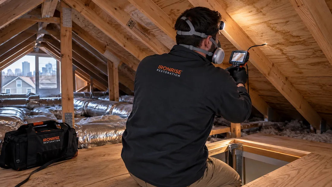 Ironrise assessor viewing an attic moisture concern from a safe access platform with roof framing visible.