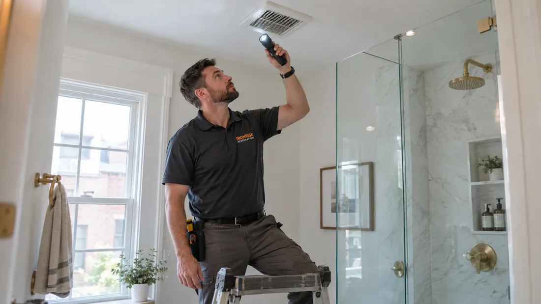 Ironrise technician checking a bathroom exhaust grille and ceiling moisture pattern.