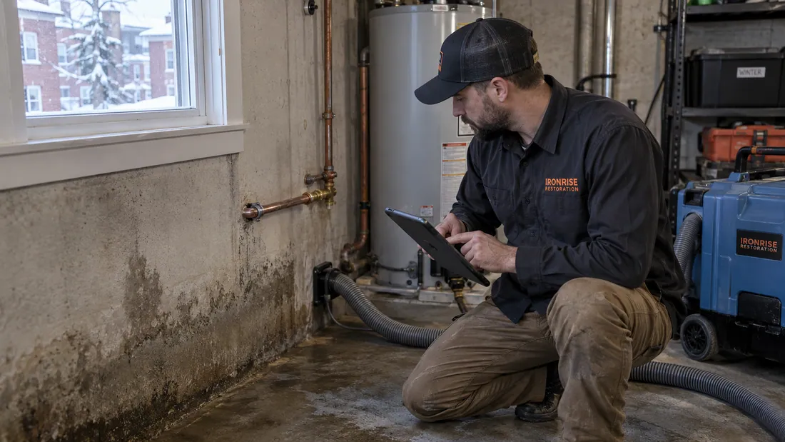 Ironrise technician mapping water damage near an exposed repaired pipe