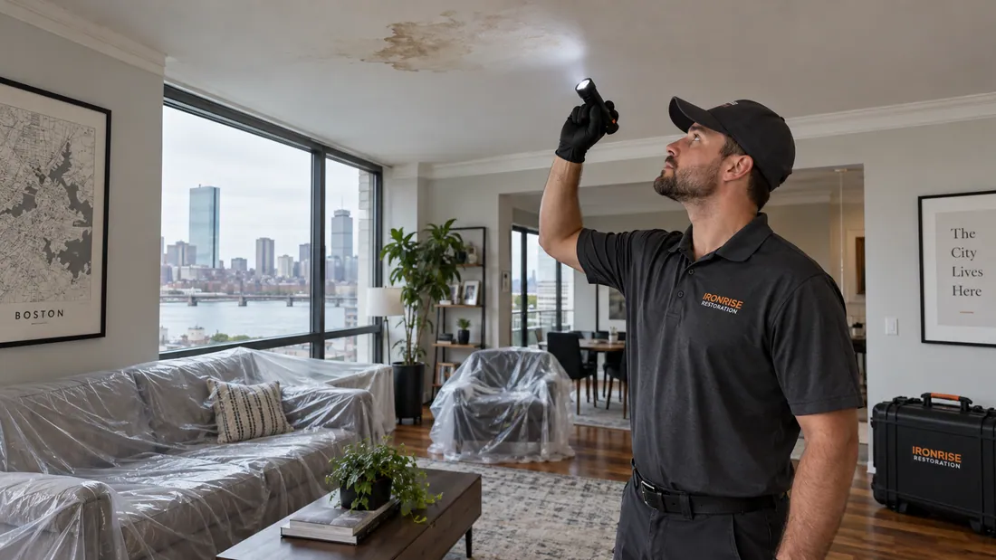 Ironrise technician inspecting a localized ceiling leak from a clear, dry area