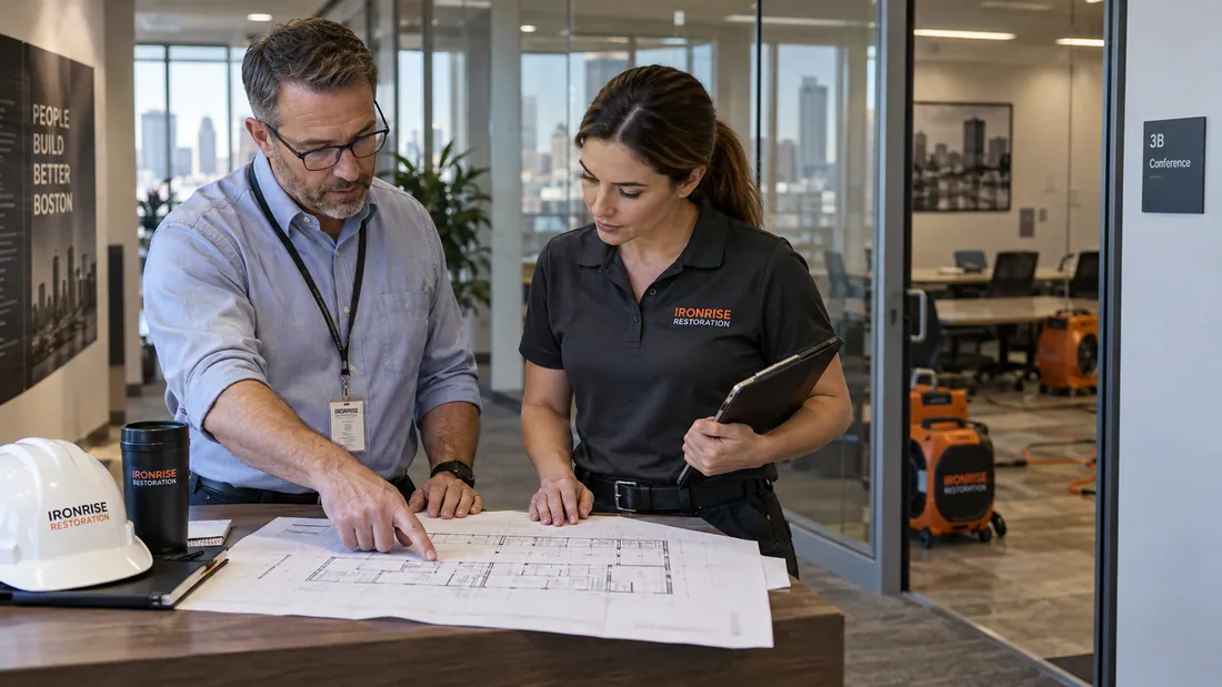 Ironrise commercial assessor and facilities manager reviewing a recovery plan in a Boston office