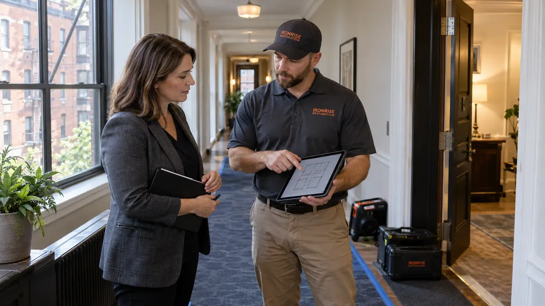 Ironrise assessor and property manager reviewing a moisture map in a Boston condominium hallway