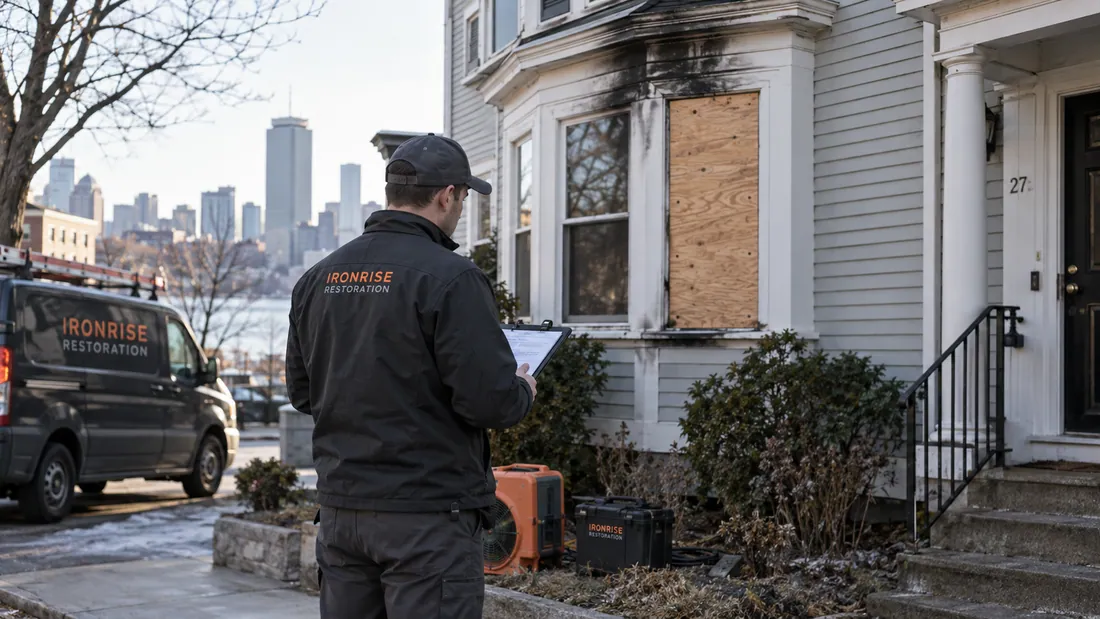 Ironrise project lead documenting the exterior of a secured fire-damaged home from a safe position.