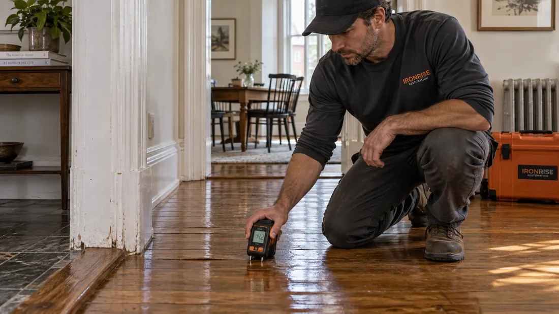 Ironrise technician measuring moisture in an oak floor with slightly raised board edges