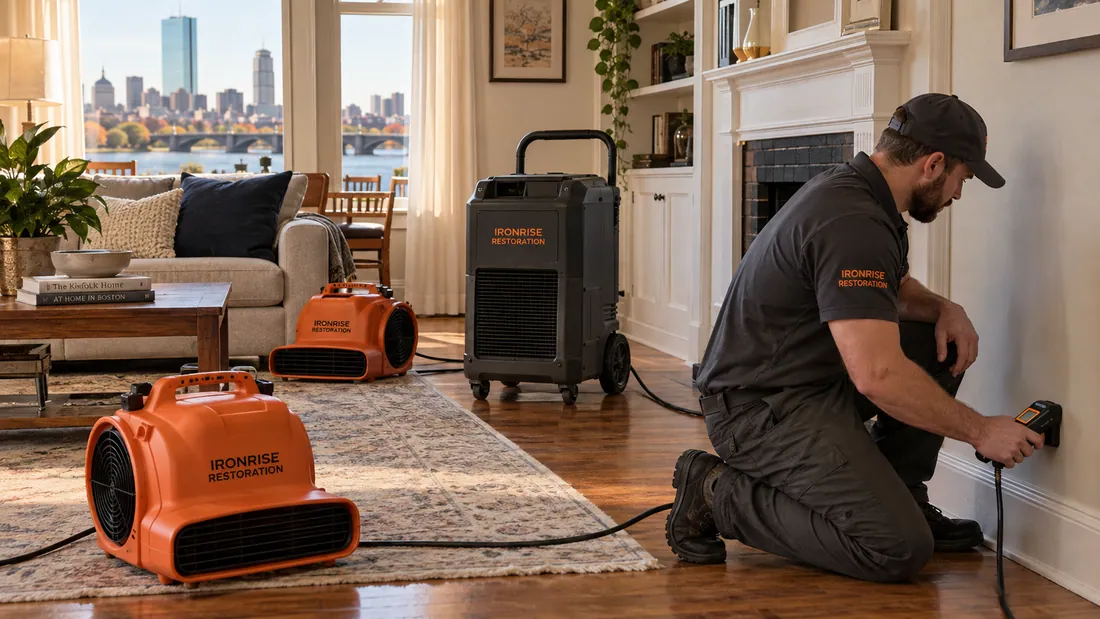 Ironrise technician recording moisture readings beside drying equipment in a living room