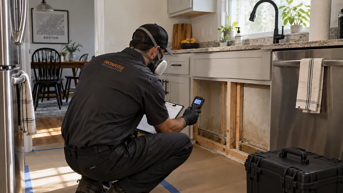 Ironrise technician checking a previously wet wall base beside carefully placed drying equipment.