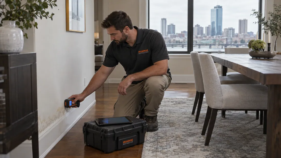 Ironrise assessor documenting a moisture reading and room observations during a building inspection.