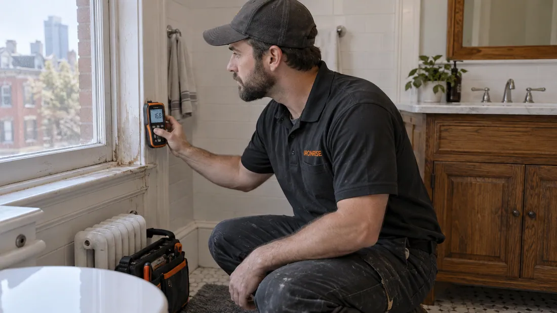 Ironrise technician inspecting moisture beside a bathroom window without disturbing the wall finish.