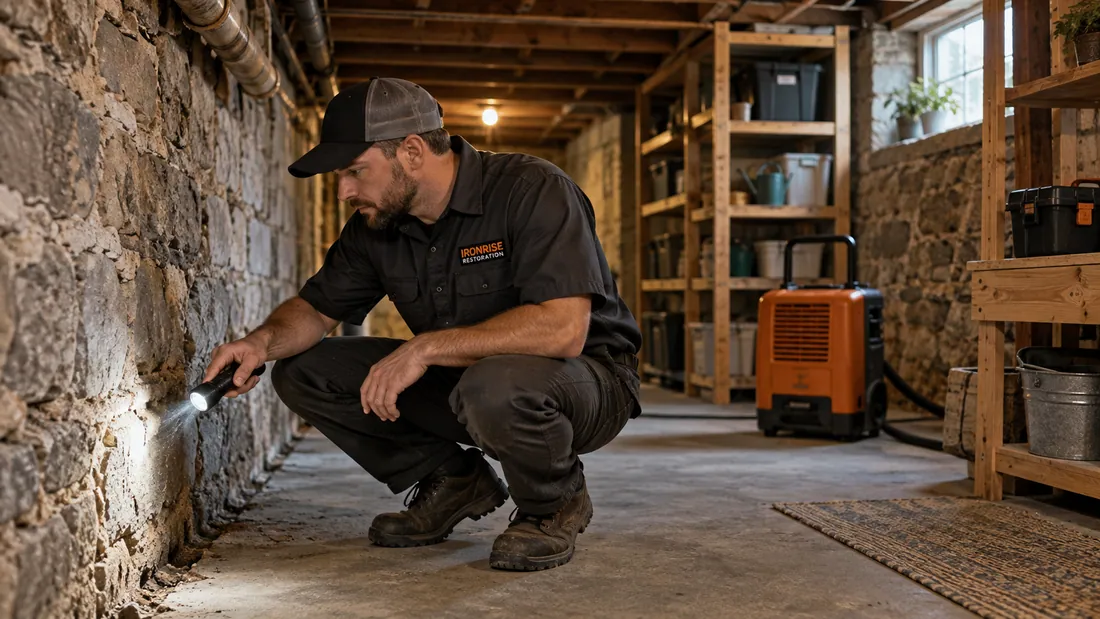 Ironrise technician assessing a basement storage area with visible moisture clues near the wall base.