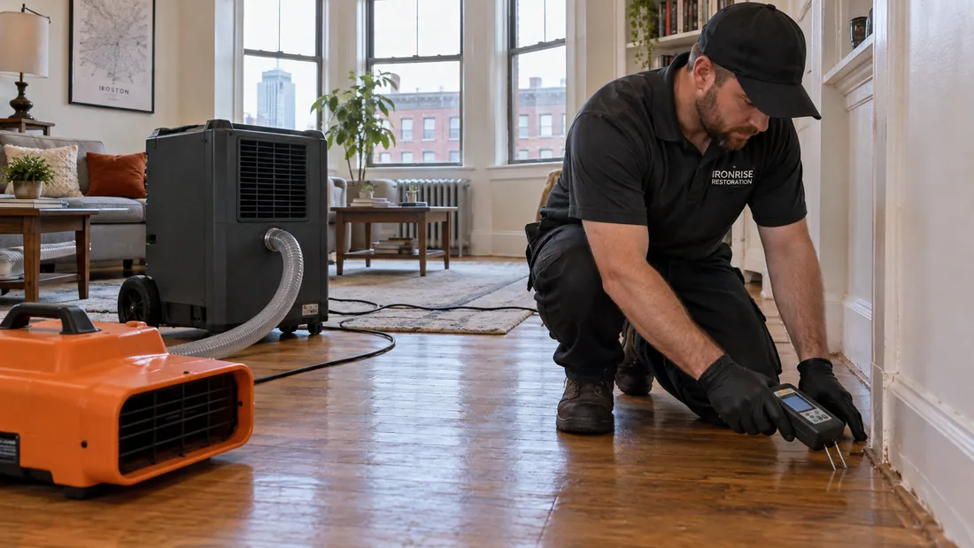 Ironrise technician recording moisture readings beside an orange air mover and dehumidifier