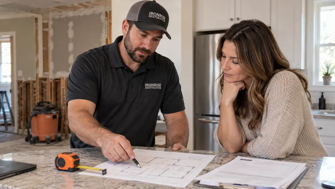 Ironrise project lead explaining a room sketch and restoration estimate at a home consultation
