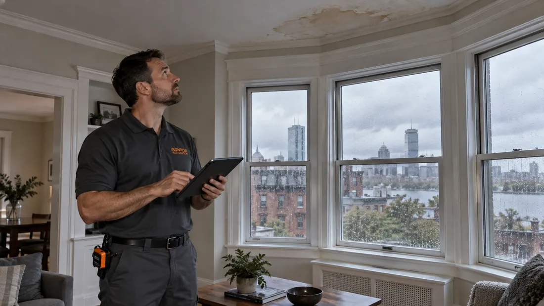 Ironrise specialist assessing a ceiling stain in a Boston home after a storm