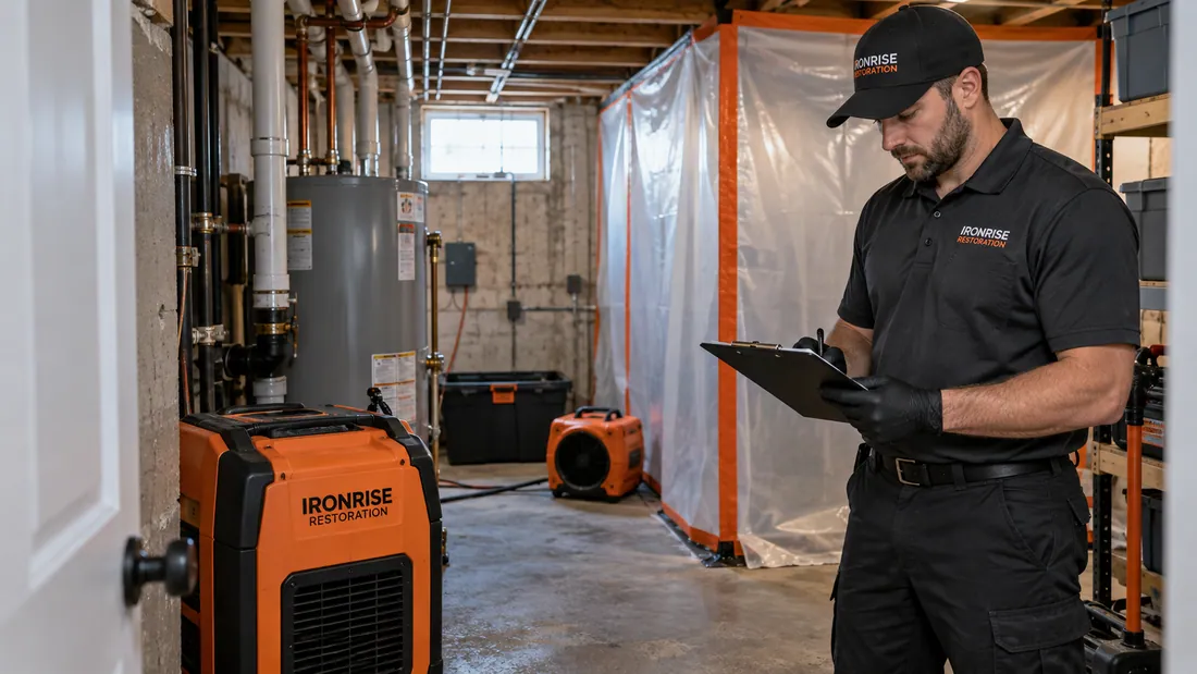 Ironrise technician reviewing a contained basement cleanup area from a clean doorway