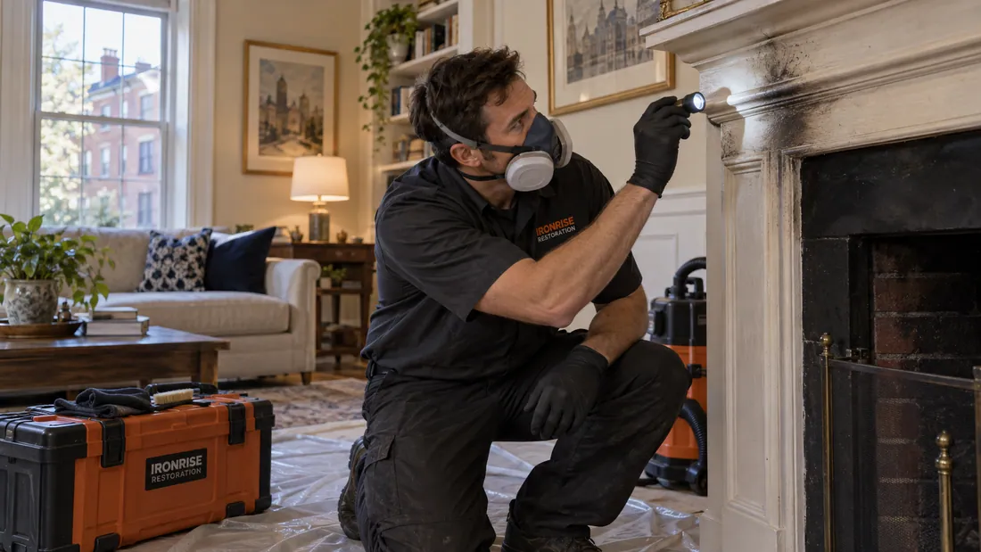 Ironrise specialist assessing a soot-stained painted surface before selecting a cleaning method.