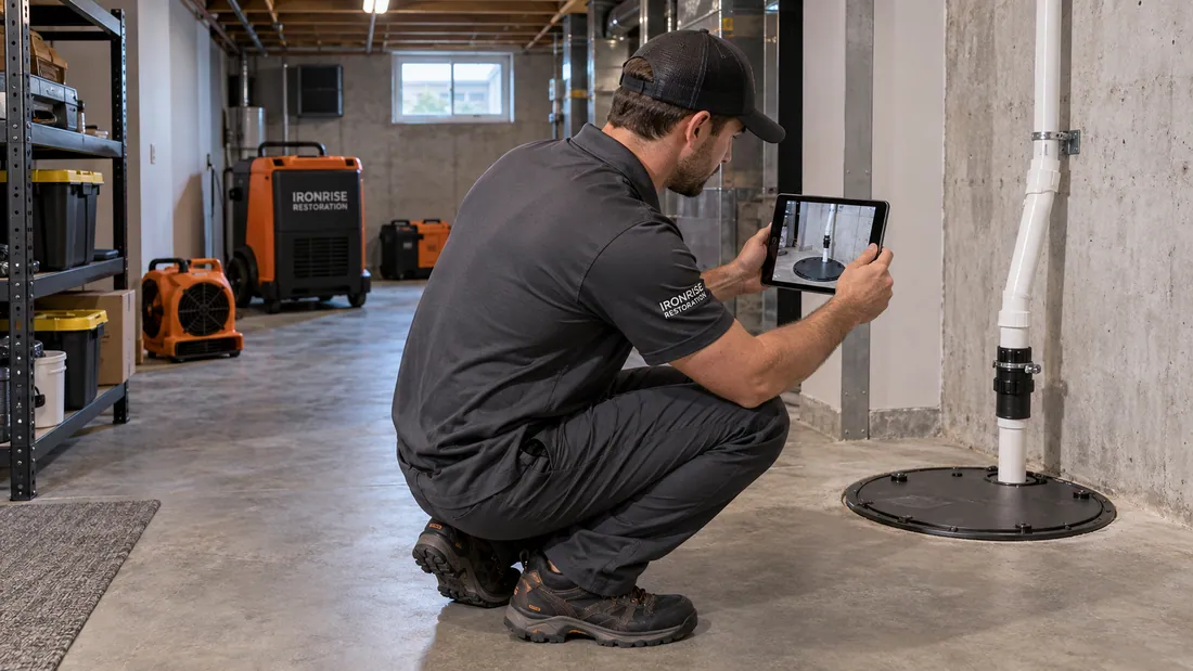 Ironrise specialist documenting a dry basement sump system after water removal