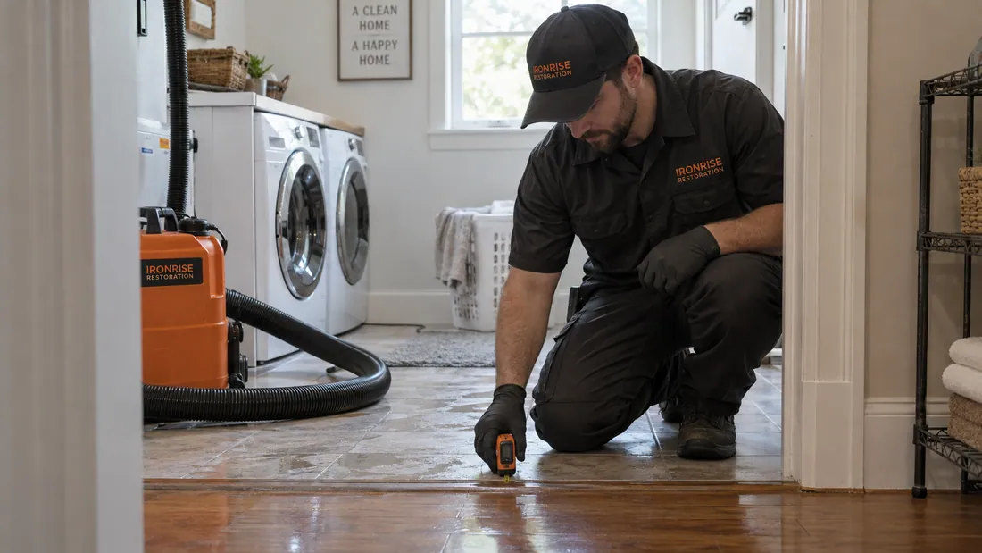 Ironrise technician assessing moisture at a laundry-room threshold after a washer overflow