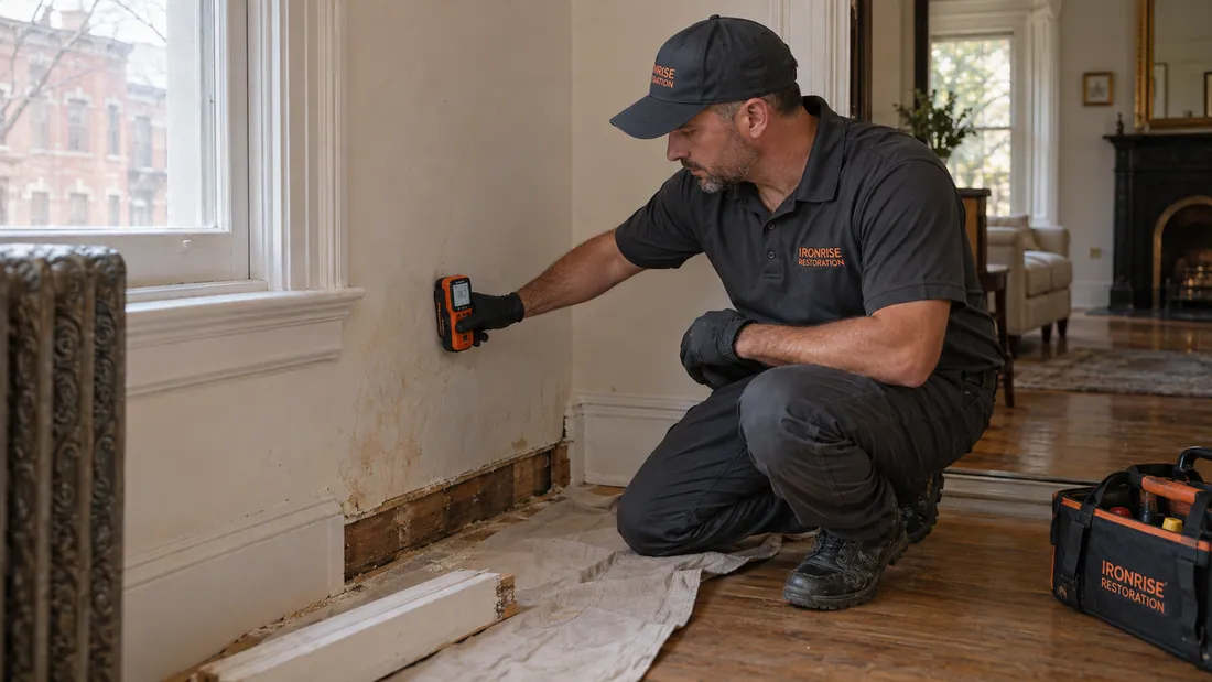 Ironrise technician checking a stained plaster wall with a moisture meter