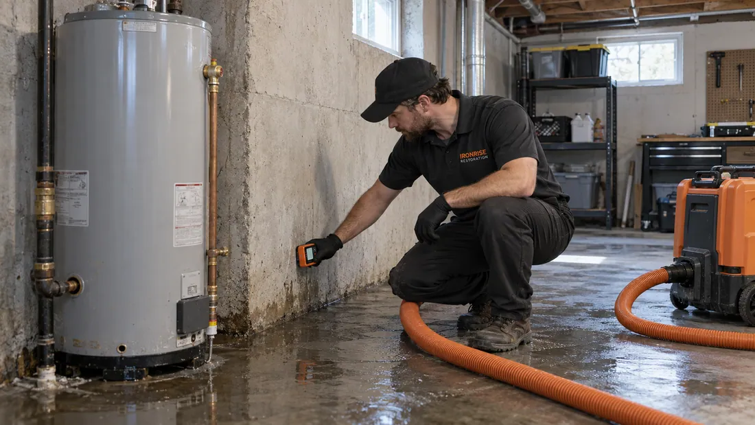 Ironrise technician inspecting water damage beside a safely isolated water heater