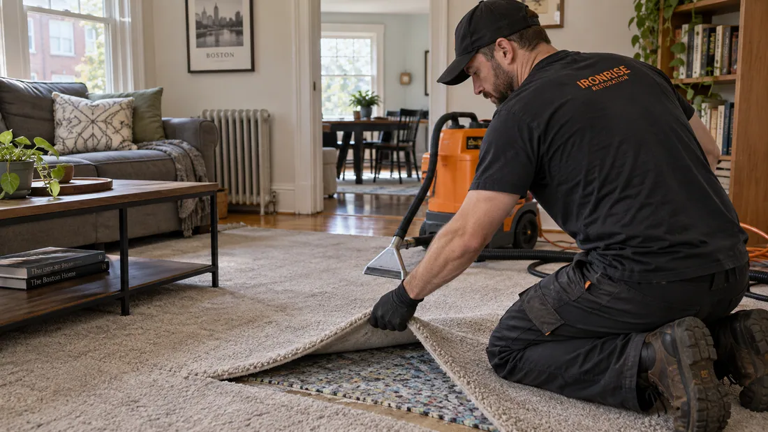 Ironrise technician inspecting the edge of wet carpet beside an extraction tool