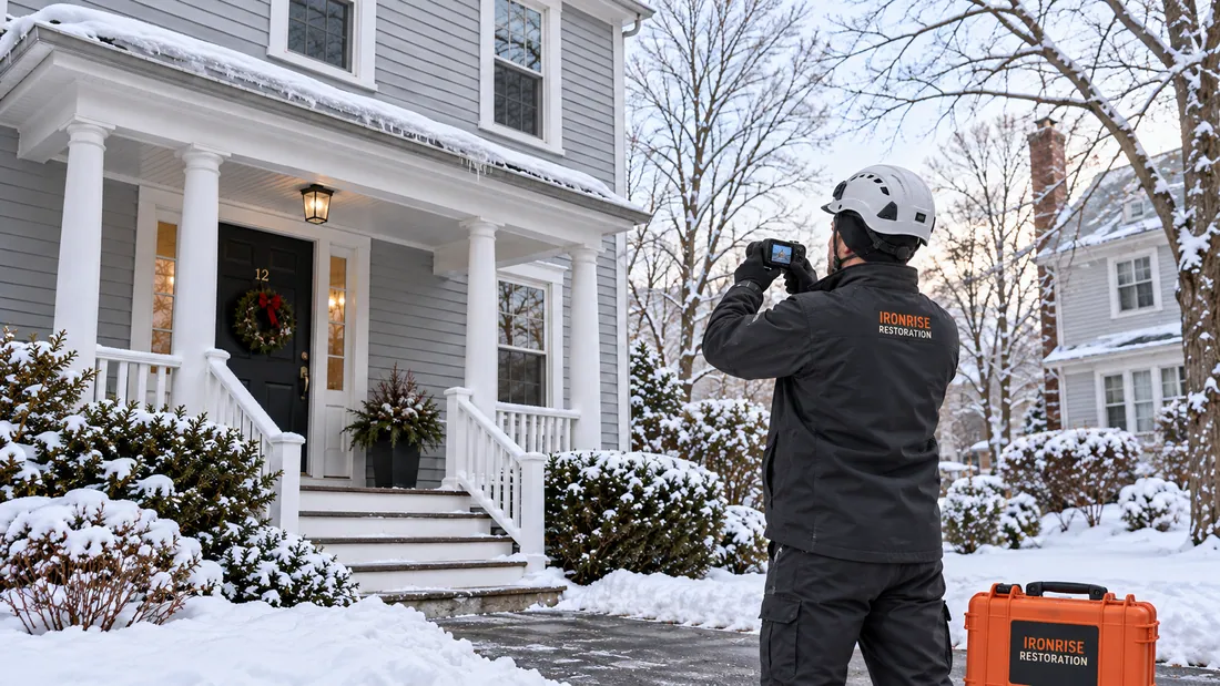 Ironrise professional assessing roof-edge ice from a protected ground-level position at a Boston home