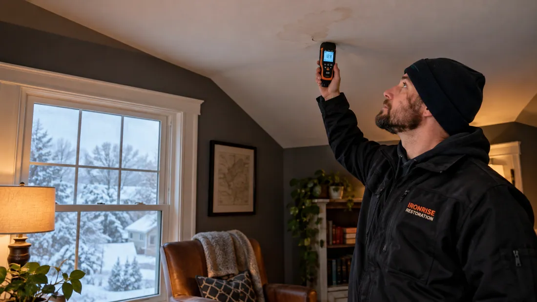 Ironrise technician assessing an interior ceiling affected by a winter ice-dam leak