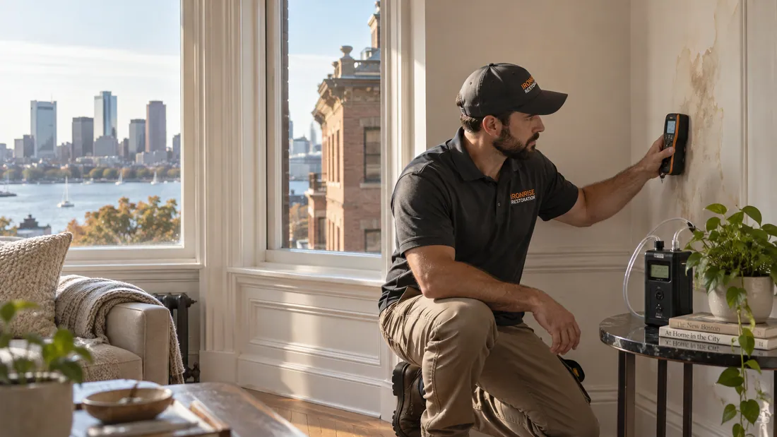 Ironrise technician checking moisture beside a stained wall during a Boston mold inspection