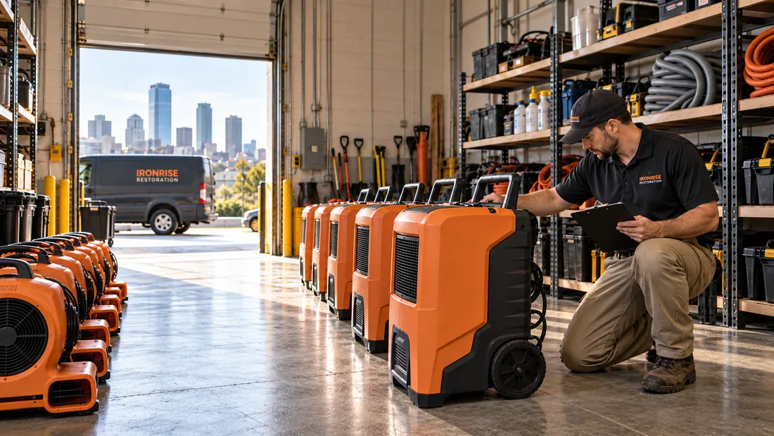 Ironrise technician checking a dehumidifier and air mover before a Boston equipment rental