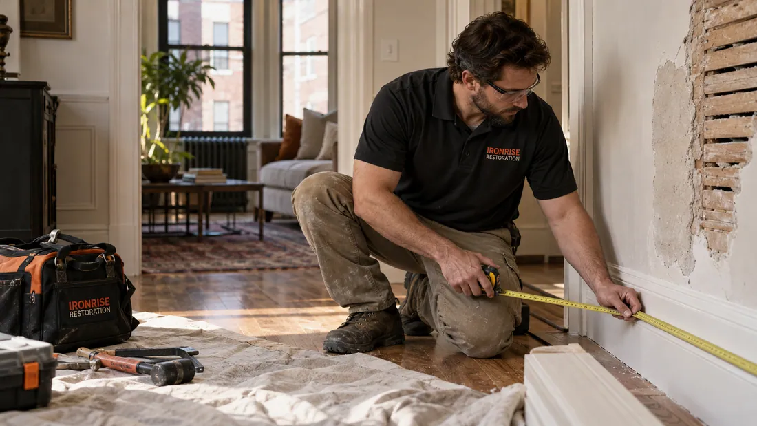 Ironrise technician reviewing a restored wall and floor transition in a Boston home