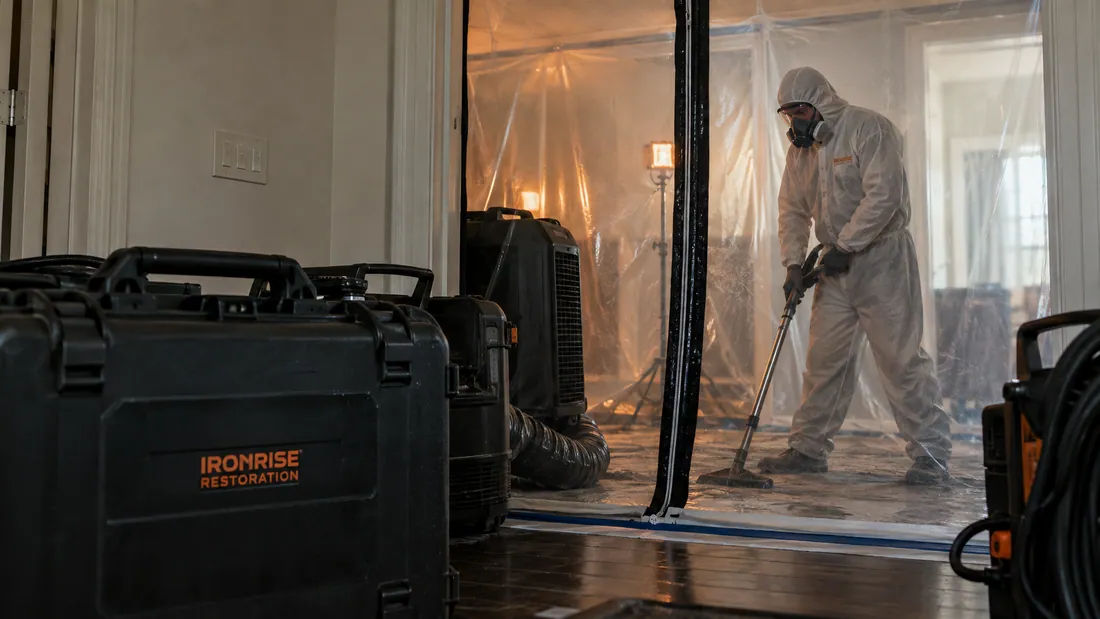 Ironrise cleanup crew preparing a contained work area after a basement sewage backup