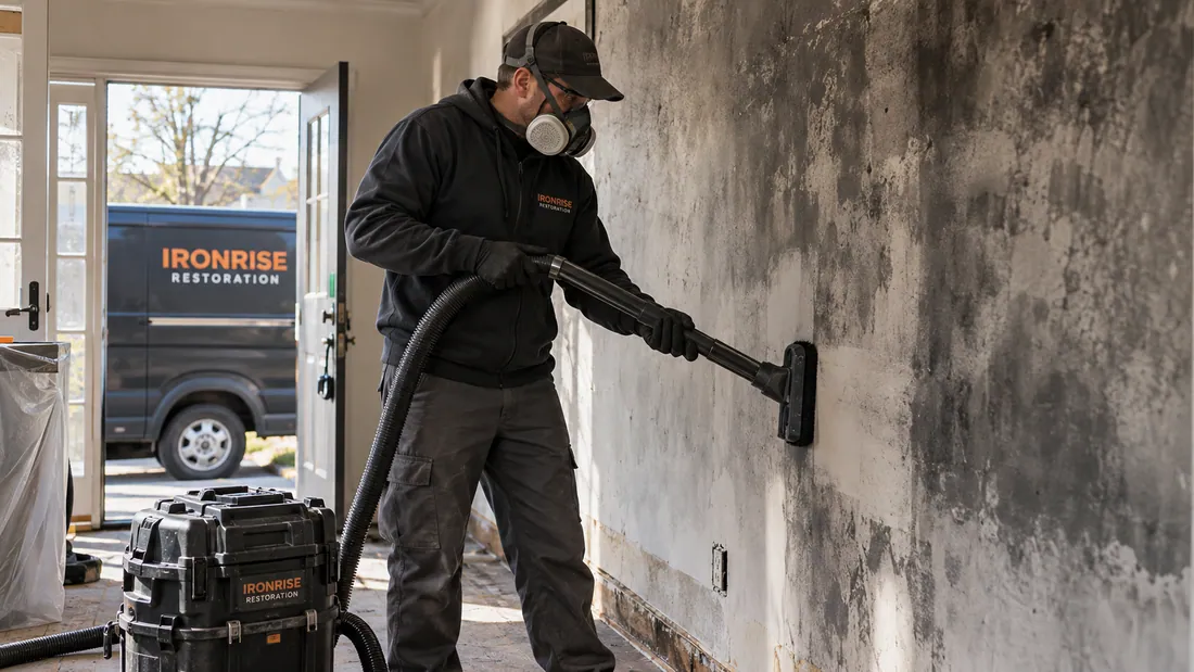 Ironrise technician assessing smoke residue on painted trim before material-specific cleanup.