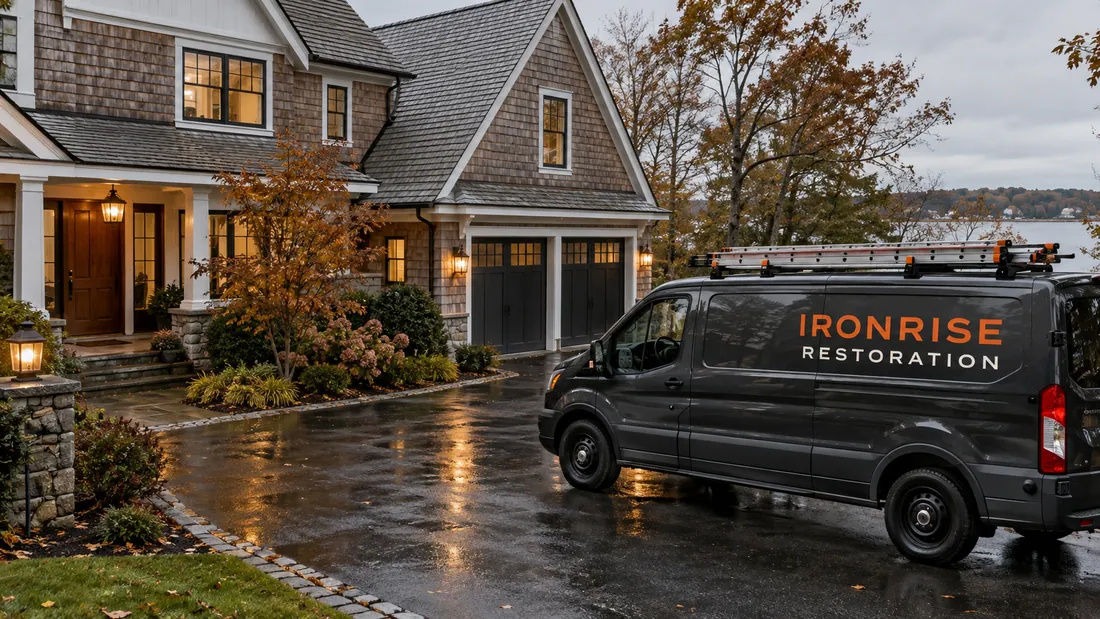 Ironrise technician assessing interior water intrusion after a storm at a Boston home.