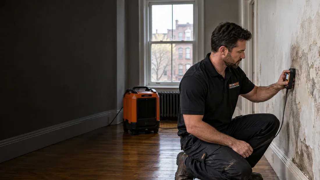 Ironrise restoration technician assessing moisture beside drying equipment in a Boston home