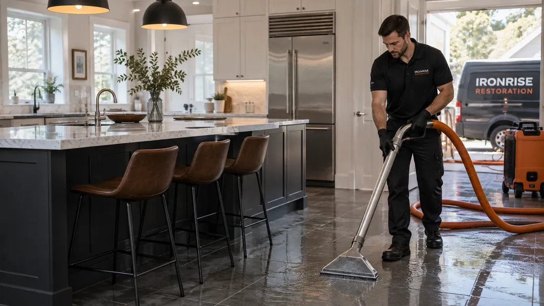 Ironrise technician using a professional extraction tool on a water-affected floor
